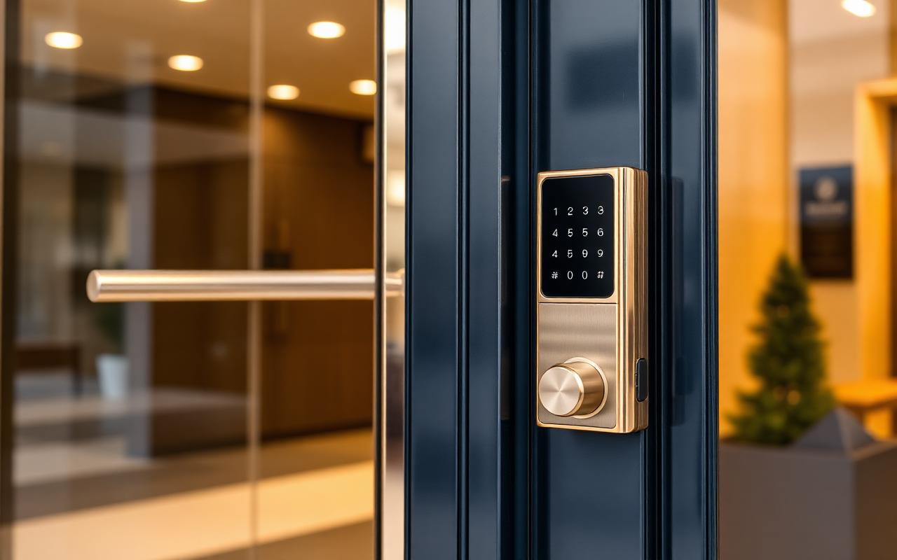 Commercial locksmith installing keypad access at a Tega Cay, SC business